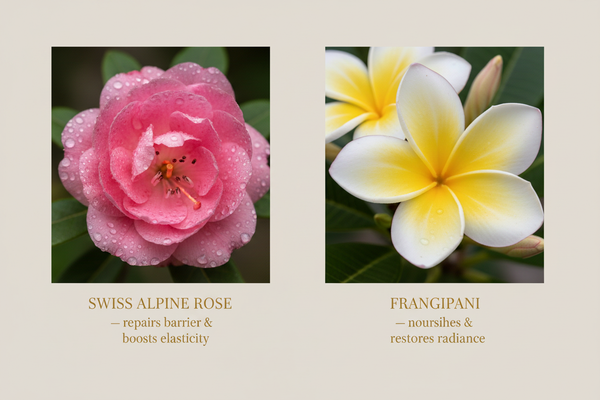 Swiss Alpine Rose and frangipani hero ingredient macro close-up