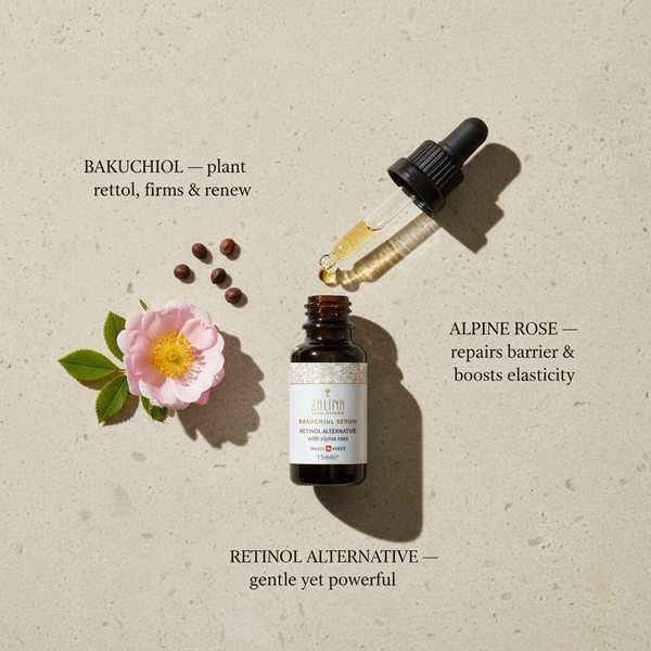 Bakuchiol Serum ingredient flatlay with bakuchiol seeds and Alpine Rose on beige stone